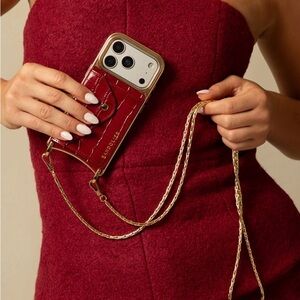 Red Croc-Embossed Phone Case with Gold Chain